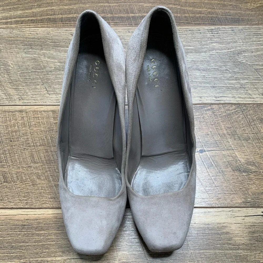 Gucci Suede Closed-Toe Square Platform Stiletto Grey Pump sz 38.5 / 8.5